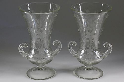 PAIR OF ETCHED GLASS FLOWER