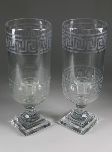 PAIR OF ETCHED GLASS GREEK KEY