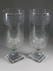 PAIR OF ETCHED GLASS GREEK KEY
