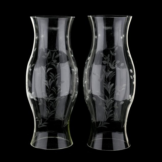 PAIR OF ETCHED GLASS HURRICANE