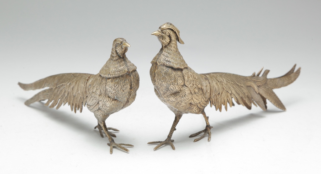 PAIR OF EUROPEAN METAL PHEASANTS.