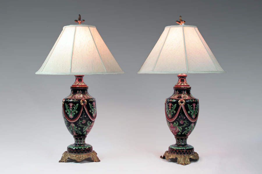 PAIR OF FAMILLE NOIR STYLE LAMPS: