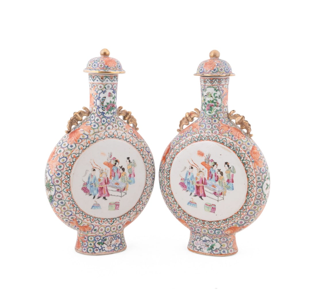PAIR OF FAMILLE ROSE LIDDED MOON