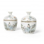 PAIR OF FAMILLE ROSE LIDDED TE