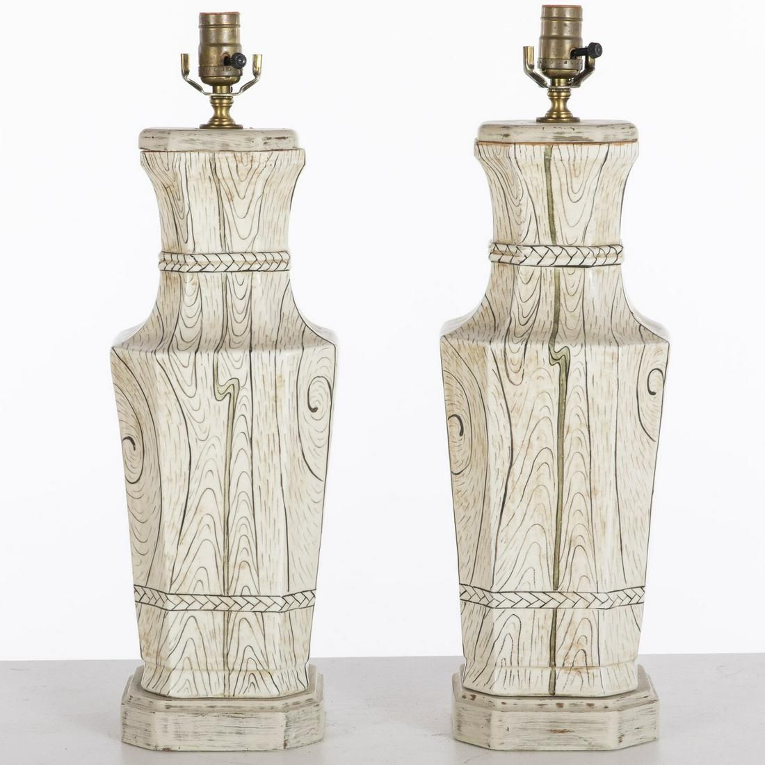 PAIR OF FAUX BOIS CERAMIC LAMPS,