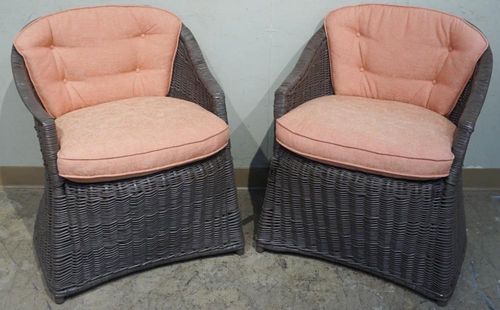 PAIR OF FAUX RATTAN AND UPHOLSTERED