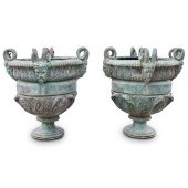 PAIR OF FIGURAL BRONZE RAMS HE
