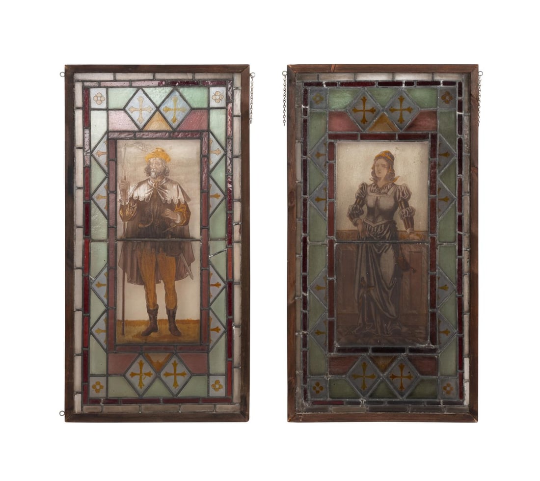 PAIR OF FIGURAL STAINED GLASS