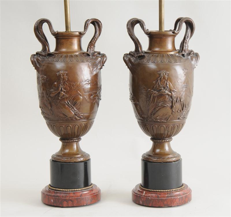 PAIR OF FRENCH BRONZE URNS ON