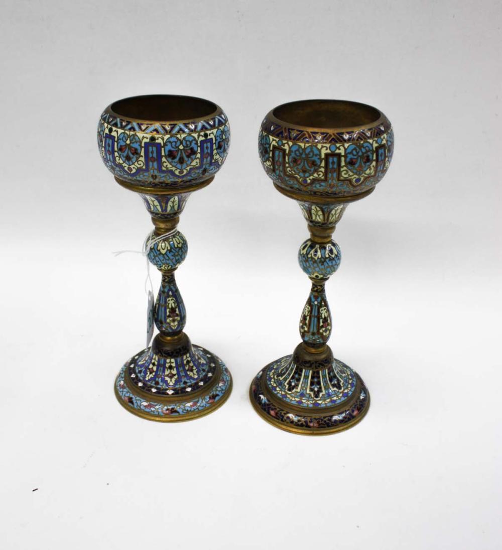 PAIR OF FRENCH CHAMPLEVE ENAMELED