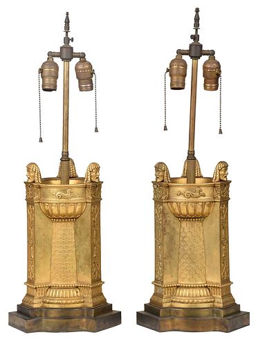 PAIR OF FRENCH GILT METAL LAMPS20th