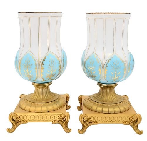 PAIR OF FRENCH OPALINE AND BRONZE