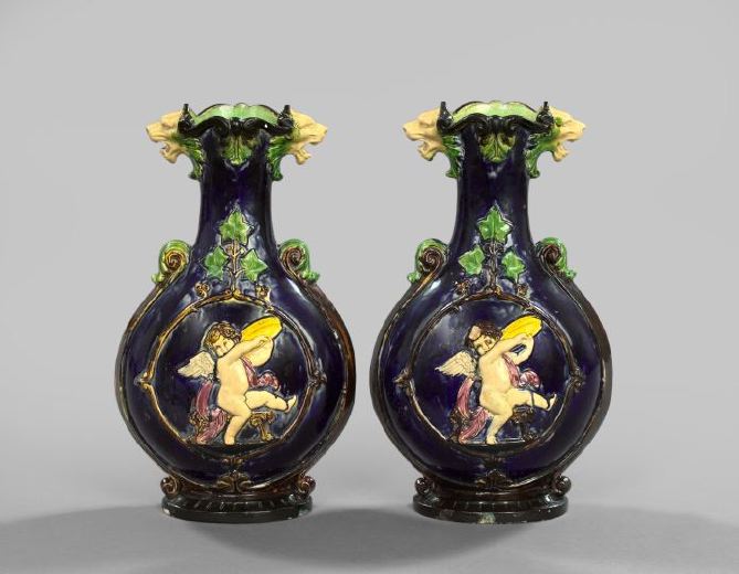 Pair of French Polychromed Majolica