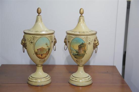 PAIR OF FRENCH TOLE DECORATED URNS.