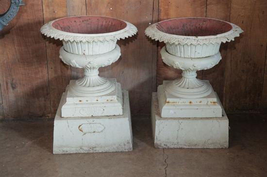 PAIR OF GARDEN URNS.  Marked for