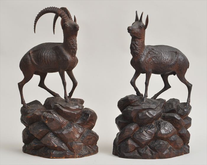 PAIR OF GERMAN CARVED WALNUT IBEXES