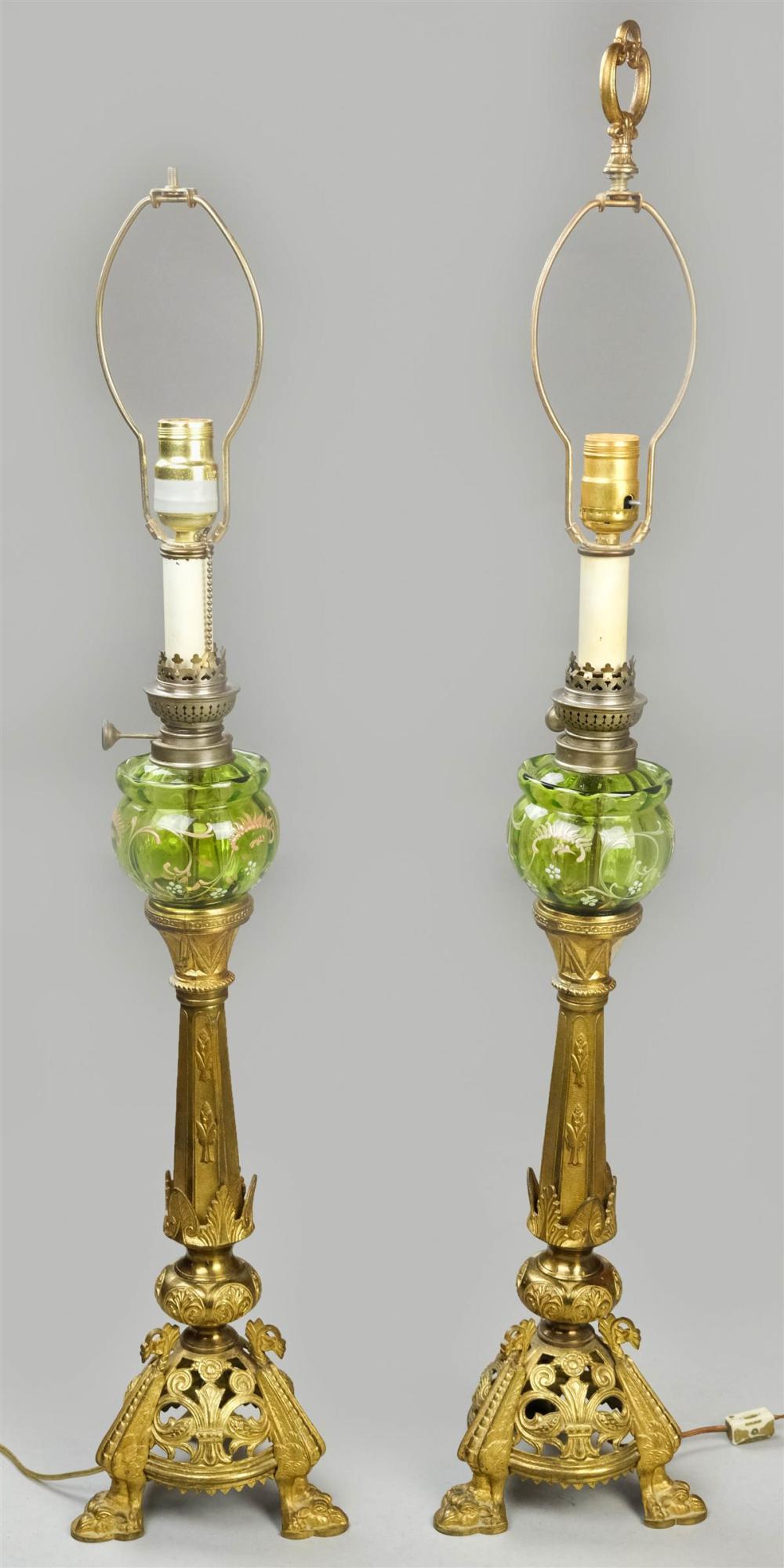PAIR OF GILT-BRONZE AND GLASS OIL