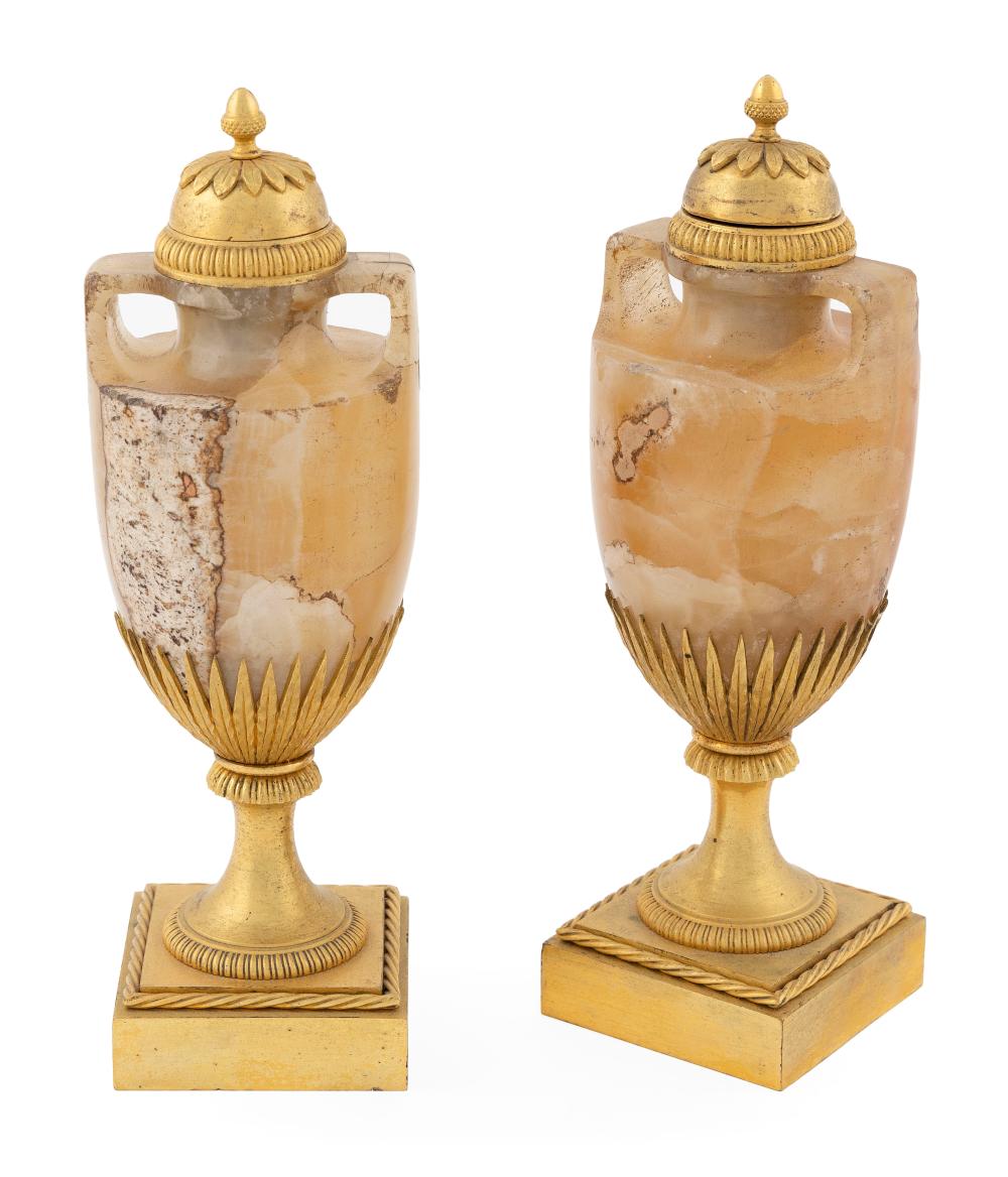 PAIR OF GILT-BRONZE MANTEL URNS