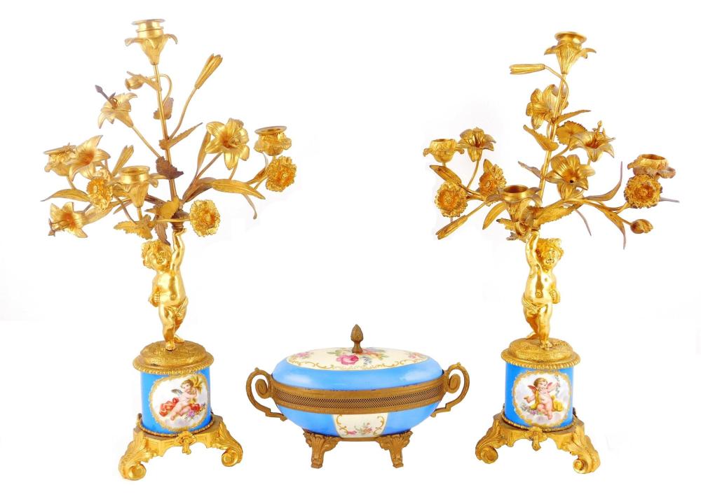 PAIR OF GILT METAL AND PORCELAIN