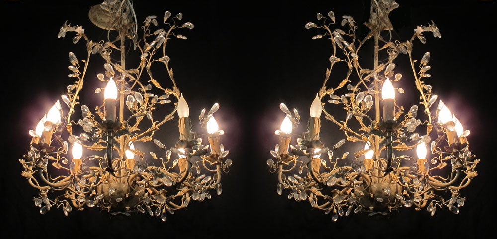 PAIR OF GILT METAL CHANDELIERS: