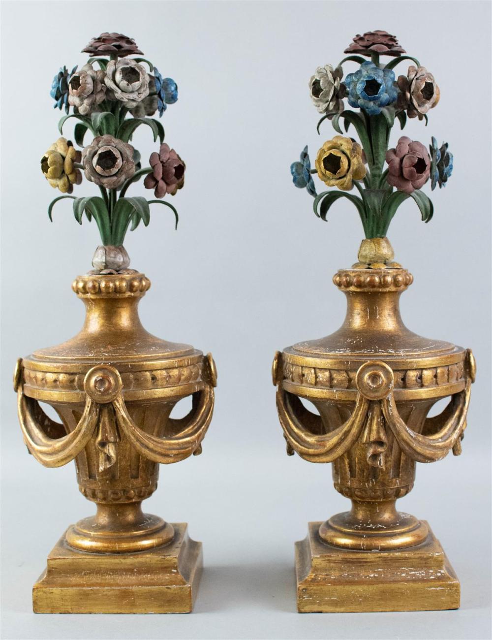 PAIR OF GILTWOOD URNS WITH TOLE