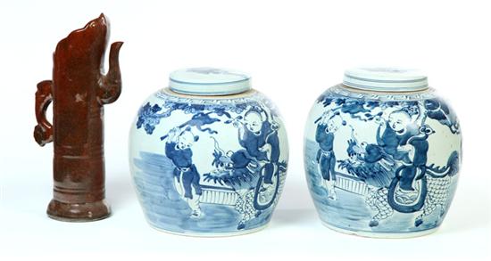 PAIR OF GINGER JARS AND A PITCHER.