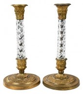 PAIR OF GLASS AND GILT CANDLES