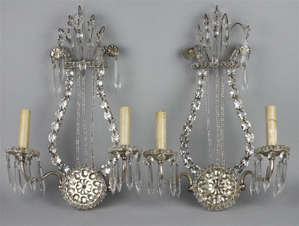 PAIR OF GLASS AND METAL LYRE FORM