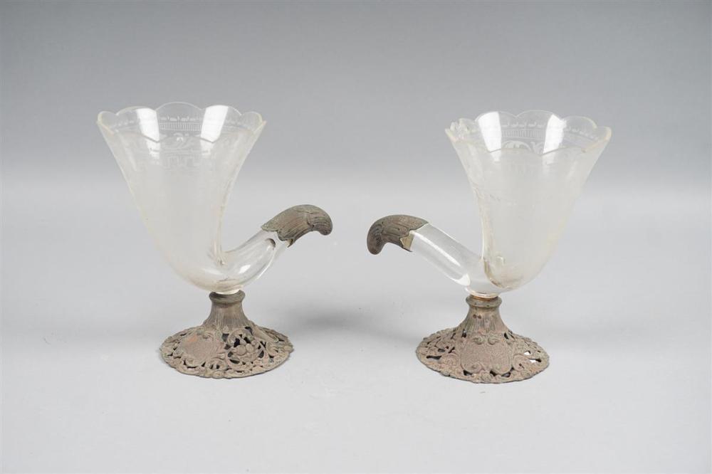 PAIR OF GLASS AND SILVER CORNUCOPIA