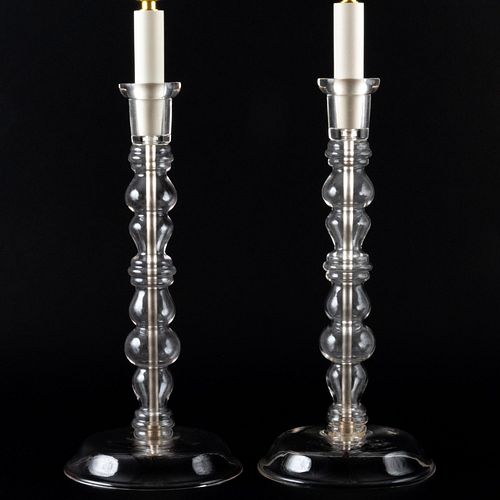 PAIR OF GLASS CANDLESTICK LAMPS22 x