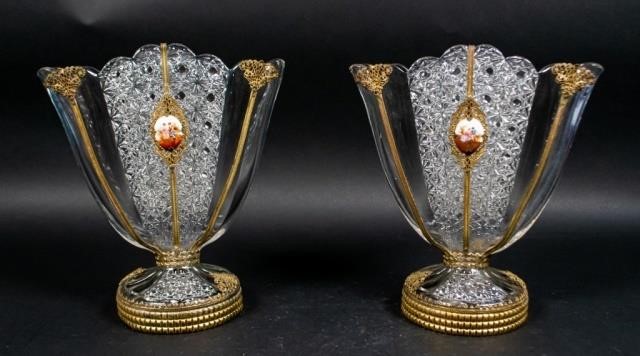 PAIR OF GLASS FAN VASES WITH