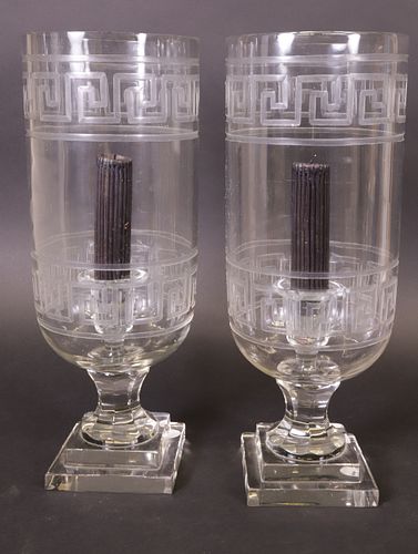 PAIR OF GLASS GREEK KEY HURRICANE