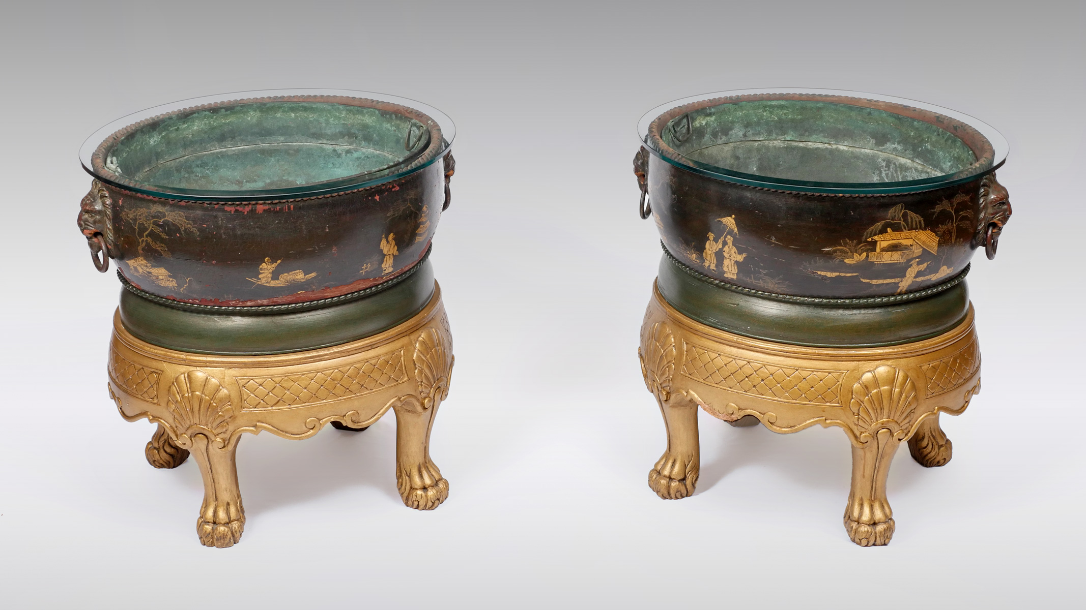 PAIR OF GLASS TOP CHINOISERIE