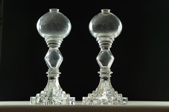 PAIR OF GLASS WHALE OIL LAMPS. 