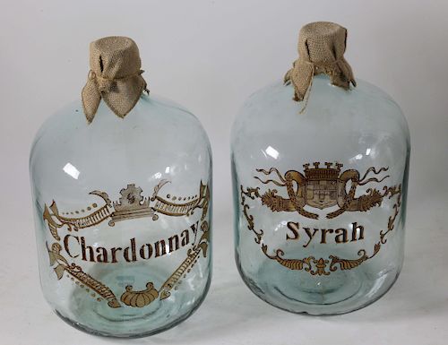 PAIR OF GLASS WINE BOTTLES,