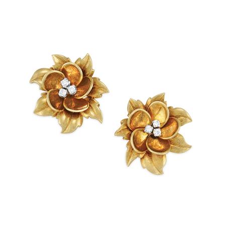 Pair of Gold and Diamond Flower