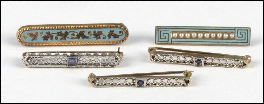 PAIR OF GOLD AND SAPPHIRE BAR PINS.