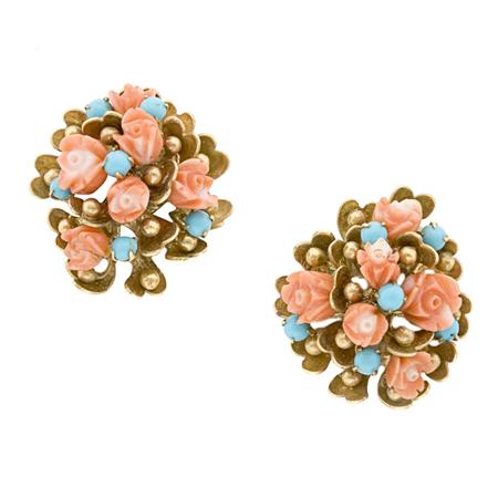 Pair of Gold, Carved Coral and