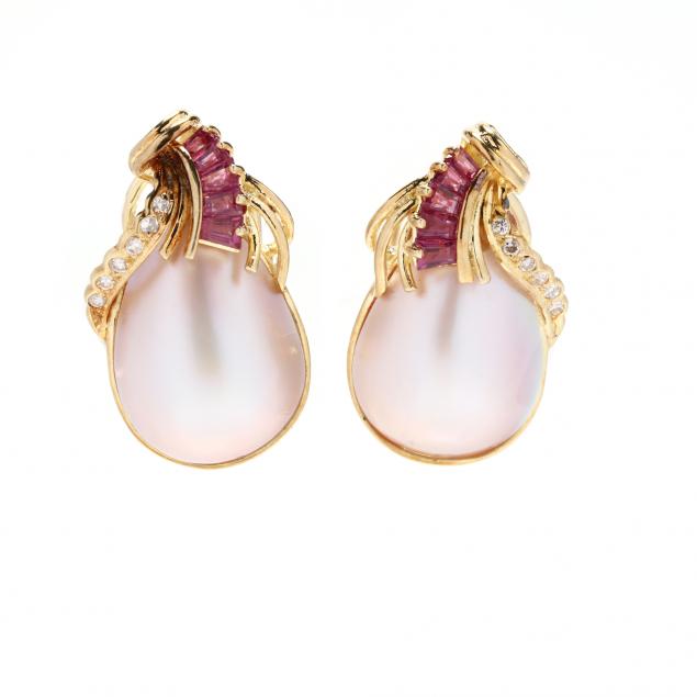 PAIR OF GOLD, MABè PEARL, RUBY, AND