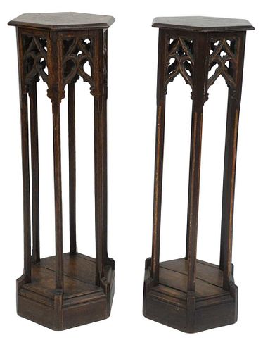 PAIR OF GOTHIC STYLE OAK PEDESTALS,