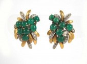 PAIR OF GREEN CABOCHON AND DIA