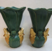 PAIR OF GREEN CERAMIC VASES WI