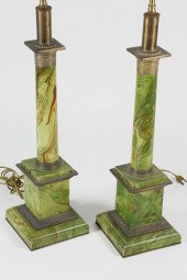 PAIR OF GREEN FAUX MARBLE COLU