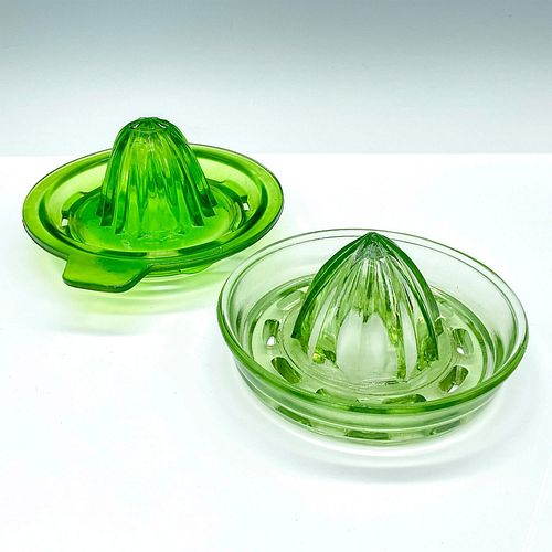 PAIR OF GREEN GLASS JUICER LIDS,