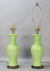 PAIR OF GREEN GLAZED PORCELAIN