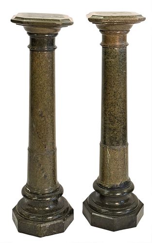 PAIR OF GREEN GRANITE PEDESTALS,