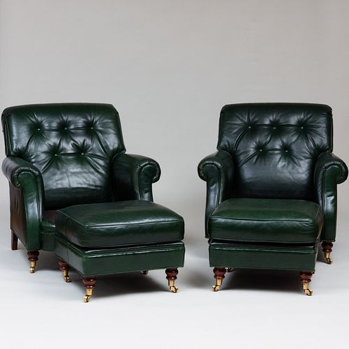 PAIR OF GREEN LEATHER CLUB CHAIRS
