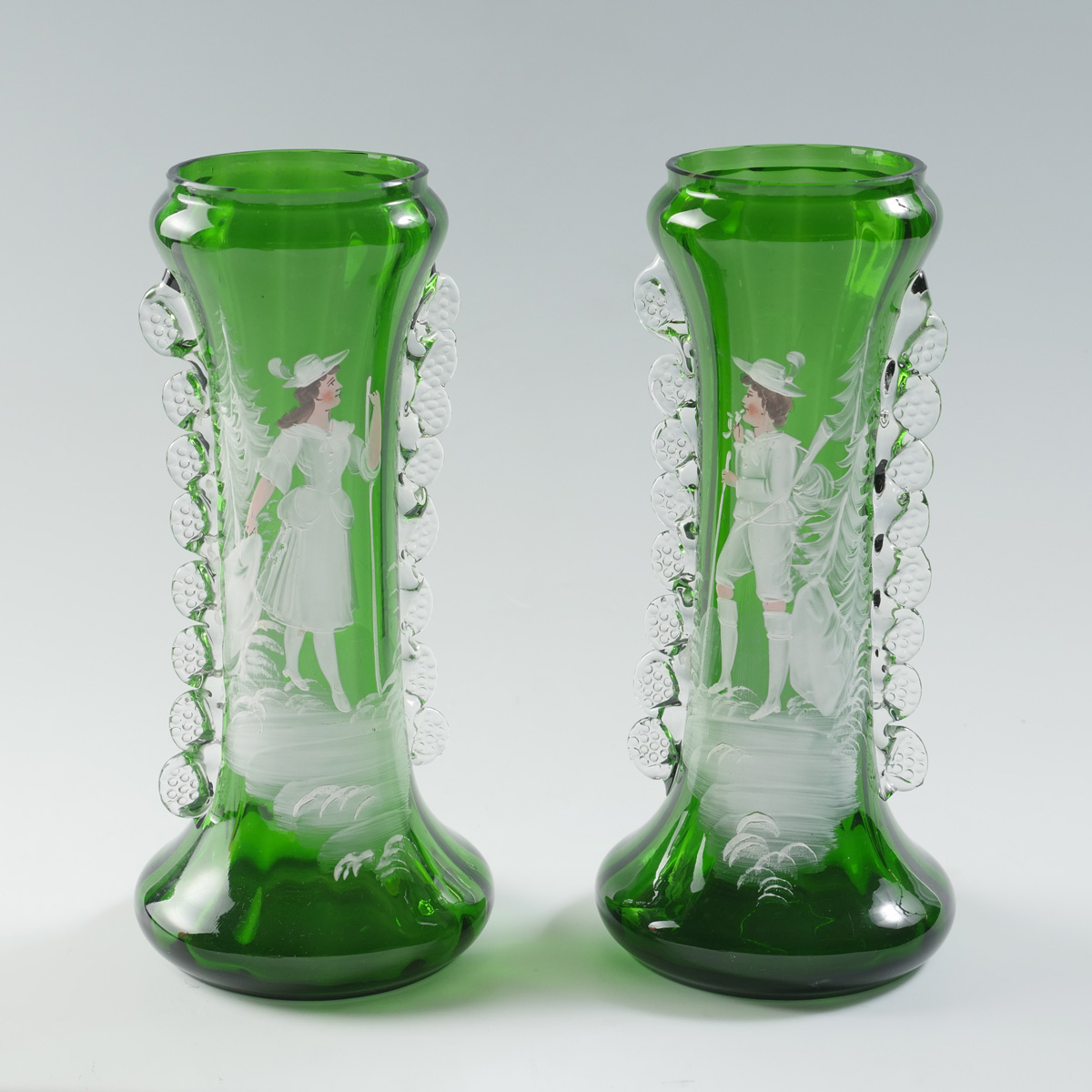PAIR OF GREEN MARY GREGORY VASES: