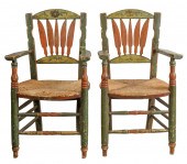 PAIR OF GREEN-PAINTED ARMCHAIR