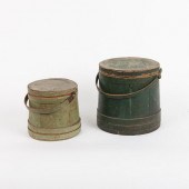 PAIR OF GREEN PAINTED FIRKINS,